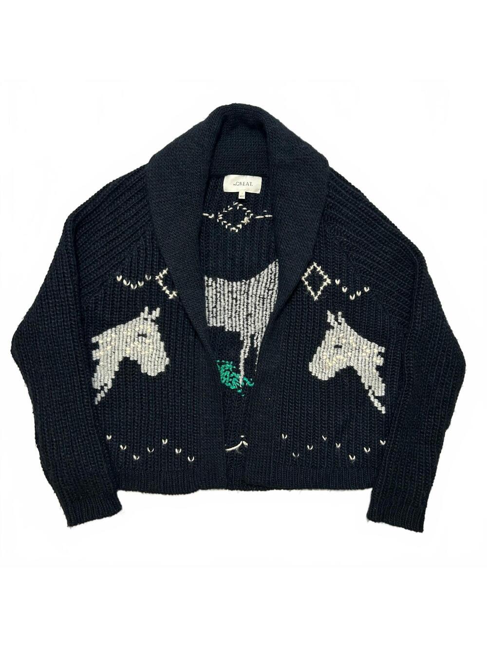 The Great Shawl Collar Knit Horse Pattern Cardigan Size S Navy Blue
